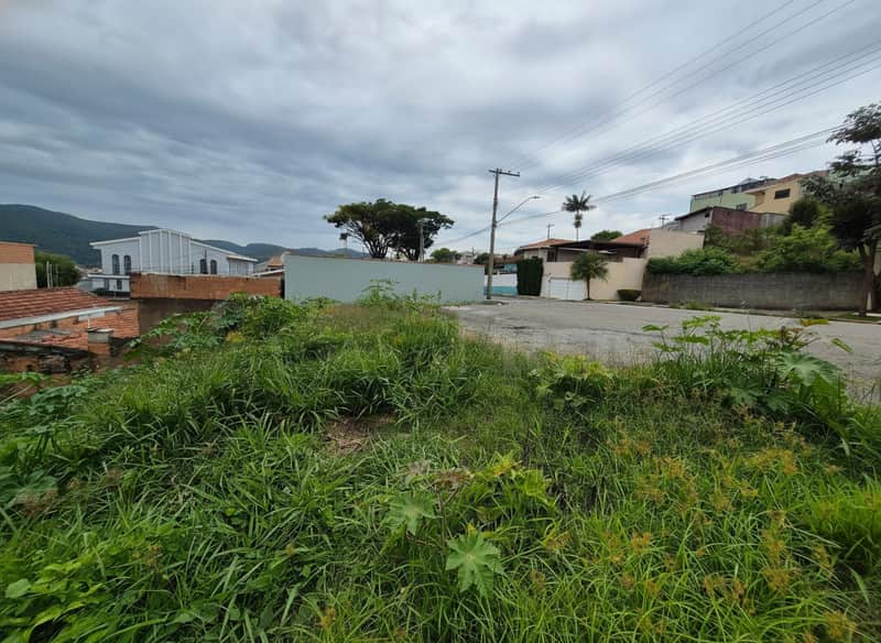Terreno urbano com vegetação rasteira e vista para casas e montanhas ao fundo. Céu nublado.