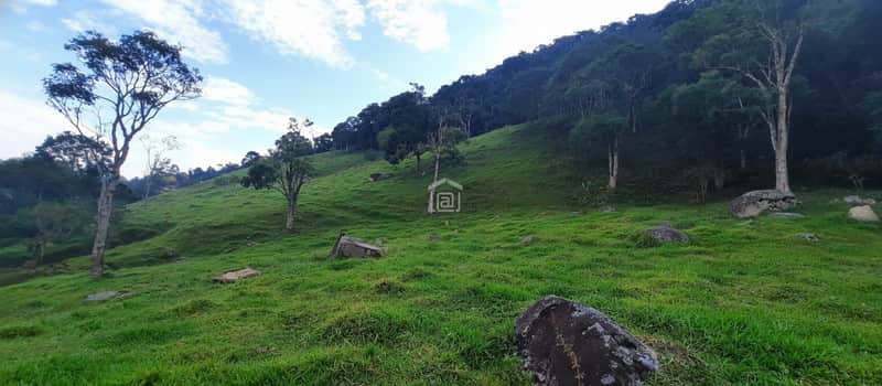 Área externa com gramado verde, pedras e árvores. Vista para montanha arborizada ao fundo.
