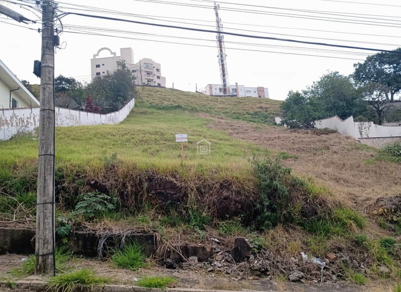 Terreno em declive com vegetação rasteira. Ao fundo, prédios e torre de telefonia. Poste de luz à esquerda.