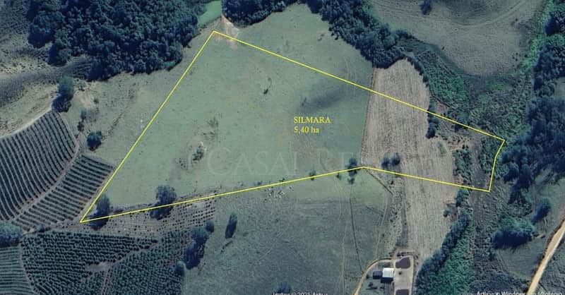Terreno rural Silmara, 5.40 ha, com pasto e árvores. Vista aérea da propriedade delimitada em amarelo.