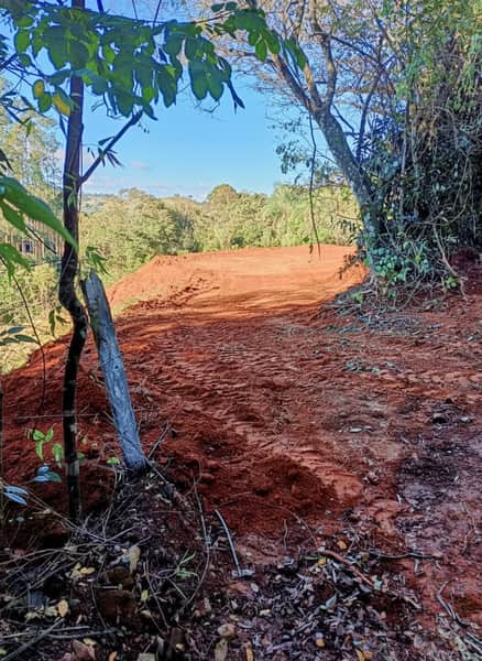 Área externa com terra vermelha e vegetação. Espaço amplo e plano, ideal para construção.