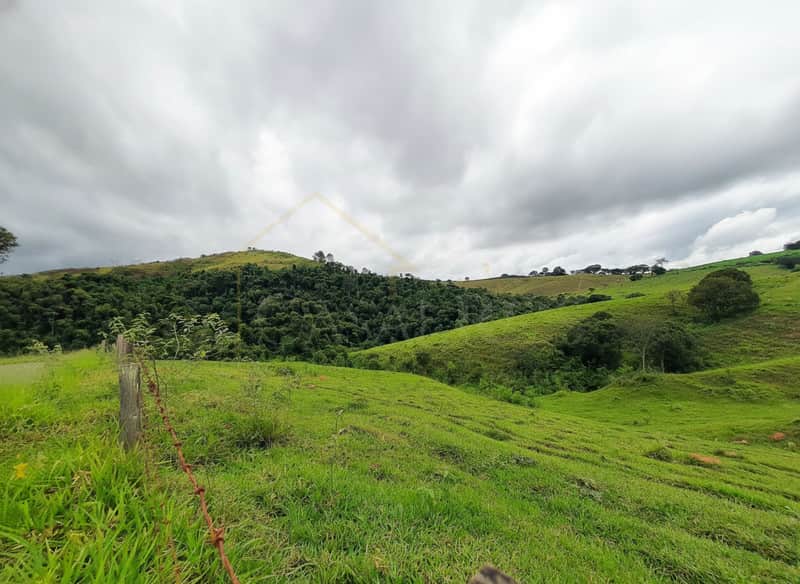 Paisagem rural com morros verdejantes sob céu nublado. Natureza exuberante e cerca em primeiro plano.