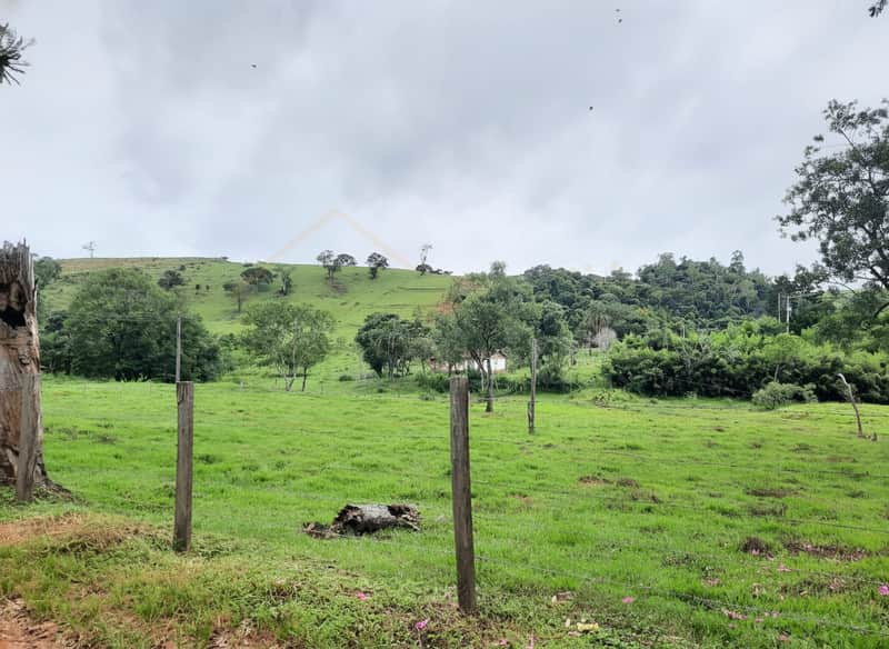 Área externa com gramado verde, árvores e colinas ao fundo em dia nublado. Tranquilidade rural.