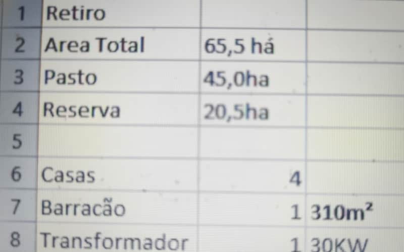 Tabela com dados de propriedade rural: área total 65,5 ha, pasto 45 ha, reserva 20,5 ha, 4 casas, barracão 310m² e transformador 30kW.