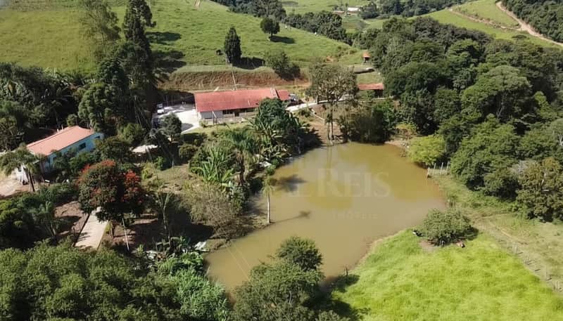 Área externa com lago, casa com telhado vermelho e muito verde. Natureza exuberante.