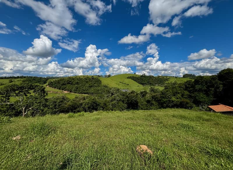 Paisagem rural ensolarada com colinas verdes, árvores e céu azul com nuvens. Natureza exuberante.