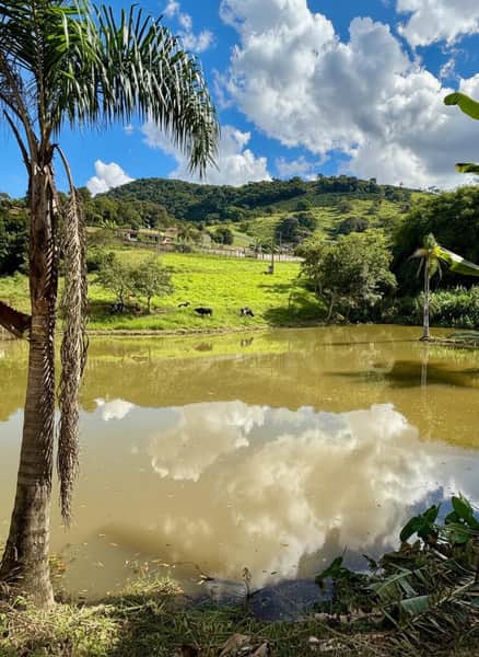 Área externa com lago refletindo o céu azul e árvores. Gramado verde e montanhas ao fundo.