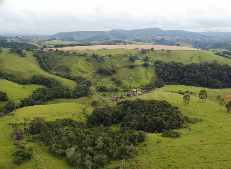 Paisagem rural com colinas verdes, campo cultivado e área de mata. Vista aérea da propriedade.
