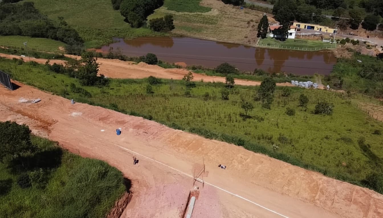 Área externa com terraplanagem, vegetação e lago ao fundo. Construção em andamento, solo avermelhado.