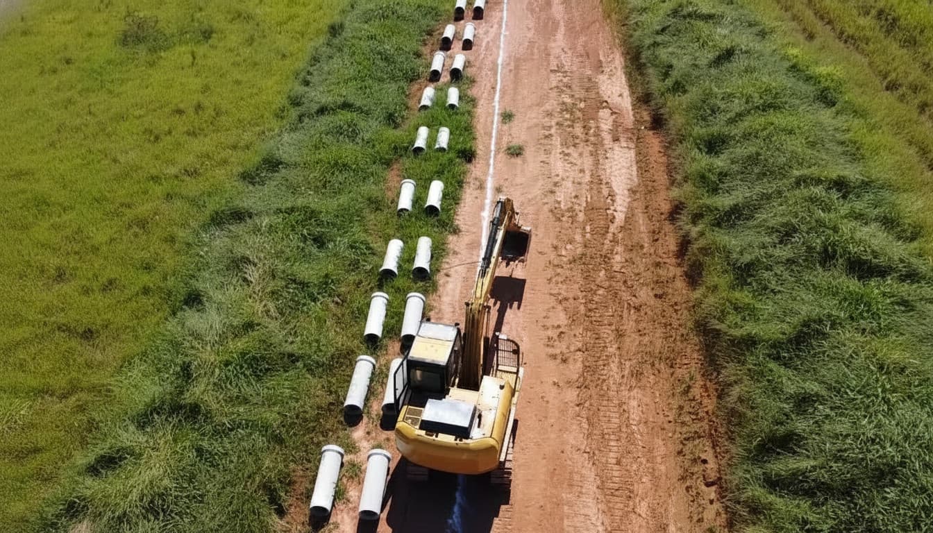 Construção em área externa com tubos de concreto e retroescavadeira amarela. Terreno com grama ao redor.