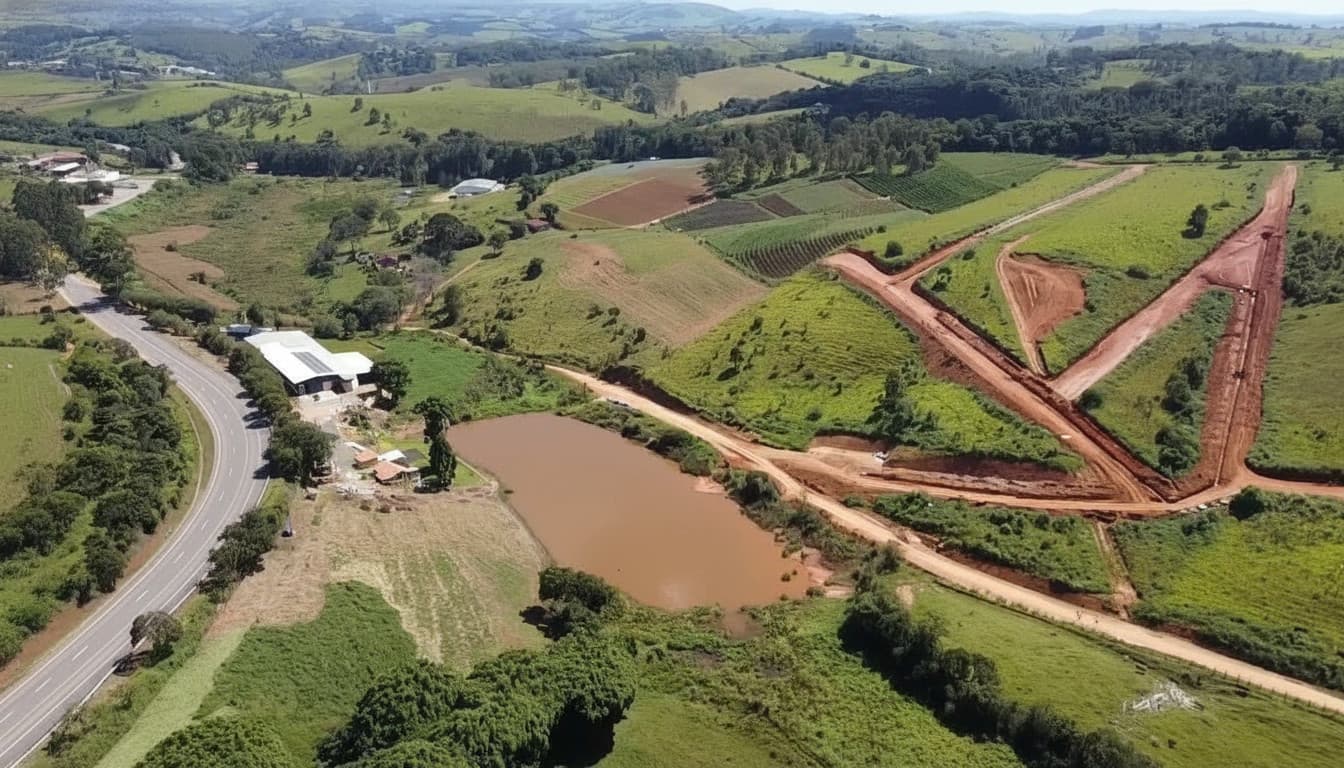 Vista aérea de área rural com lago, estrada e construções. Paisagem verde com plantações e morros ao fundo.