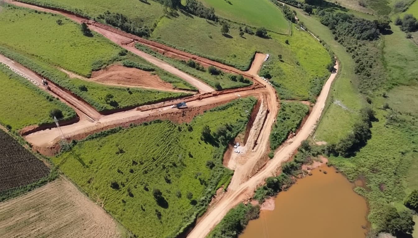 Vista aérea de loteamento rural em construção, com estradas de terra e lago.