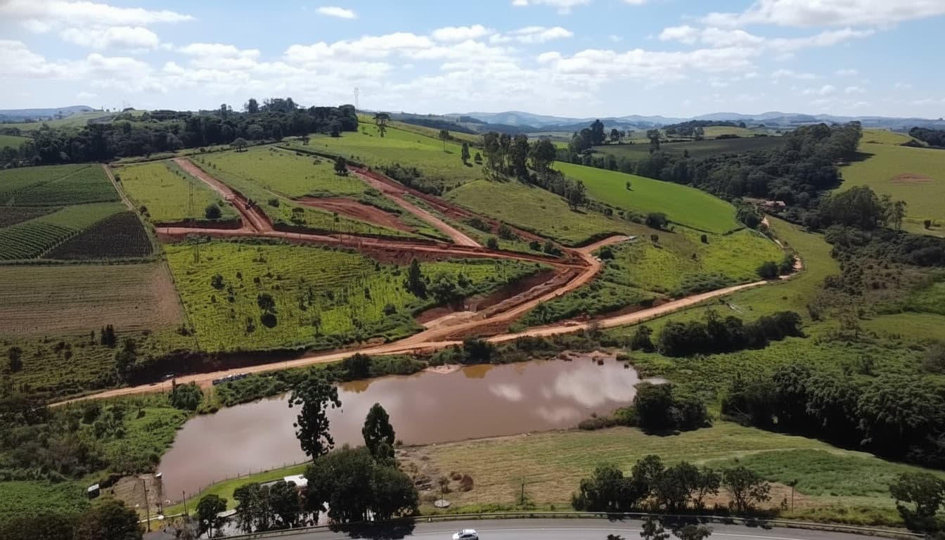 Paisagem rural com lago, áreas verdes e estradas de terra. Construção em andamento ao fundo.