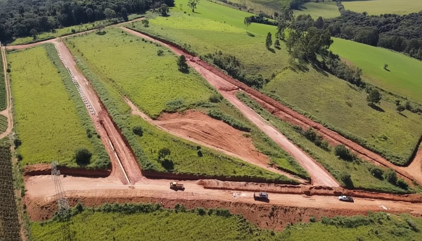 Área externa em construção. Terreno amplo com estradas de terra e vegetação ao redor.