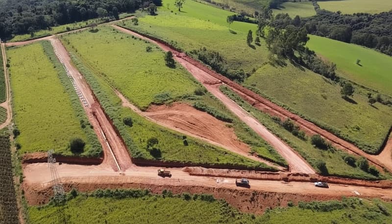 Área externa em construção. Terreno amplo com estradas de terra e vegetação ao redor.